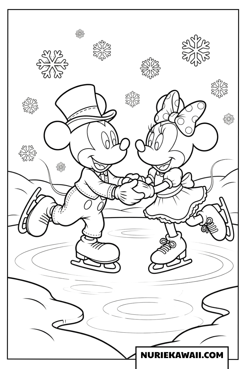 ミッキーとミニーのホワイトクリスマスケート塗り絵