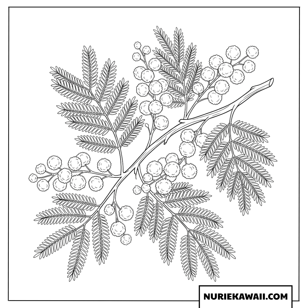 ミモザの花枝の緻密な塗り絵