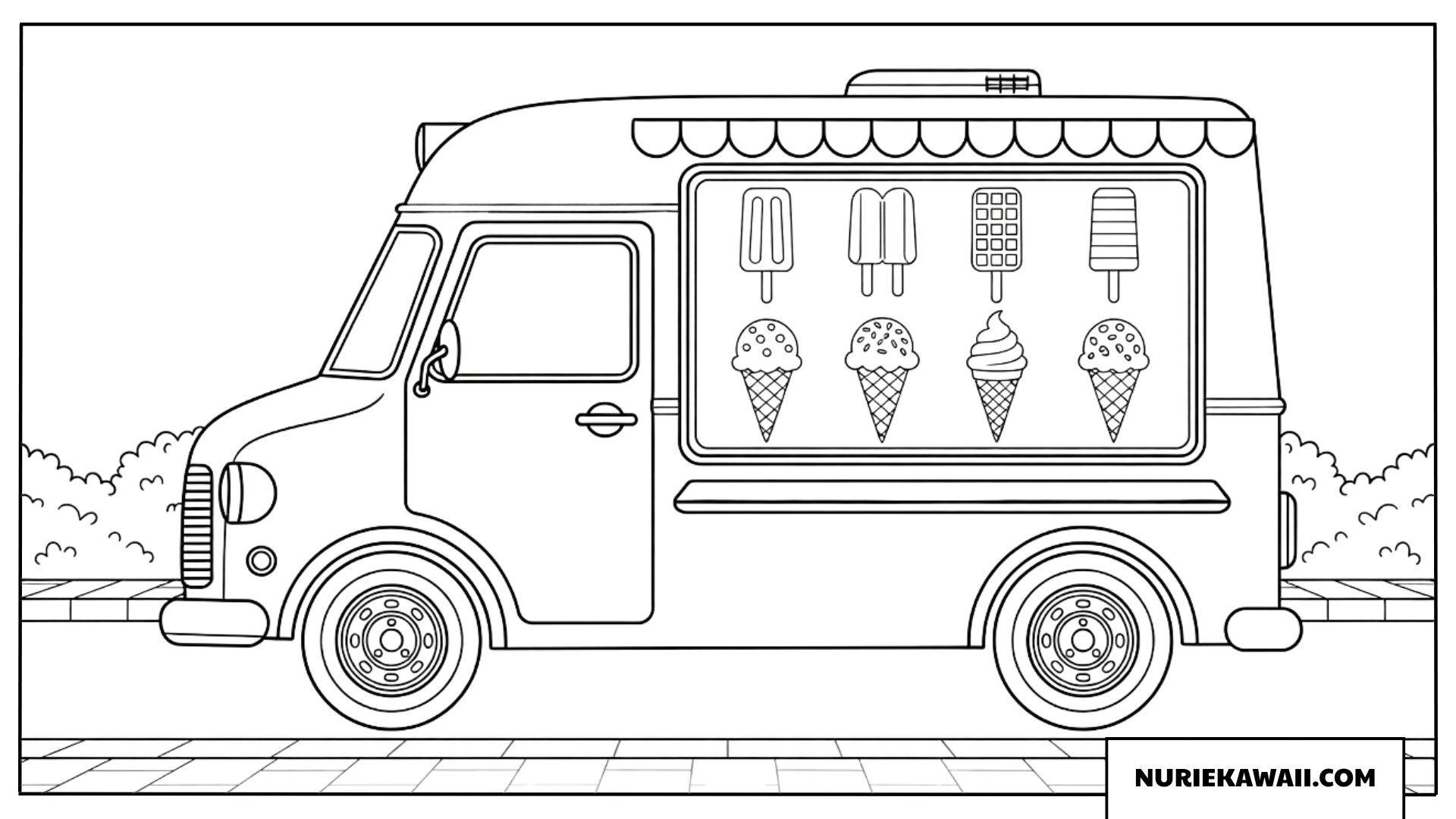 メニュー看板にたくさんのアイスが並ぶ販売車の塗り絵