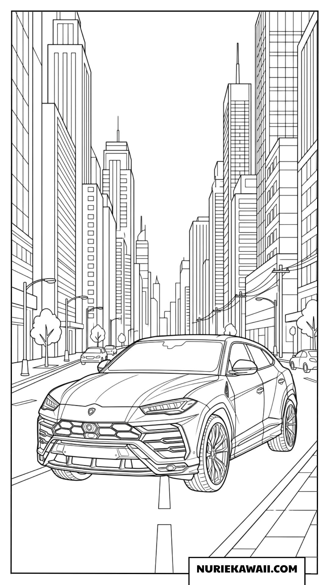 ランボルギーニ ウルス 近代的な高層ビル街 シティドライブ 塗り絵
