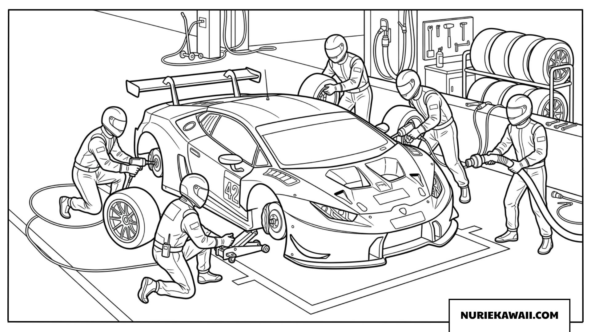 ランボルギーニ ピットストップ 高速タイヤ交換の舞台 塗り絵