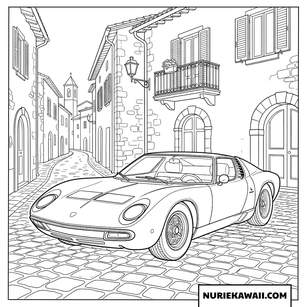 ランボルギーニ ミウラ ヨーロッパの古い街並み クラシック 塗り絵