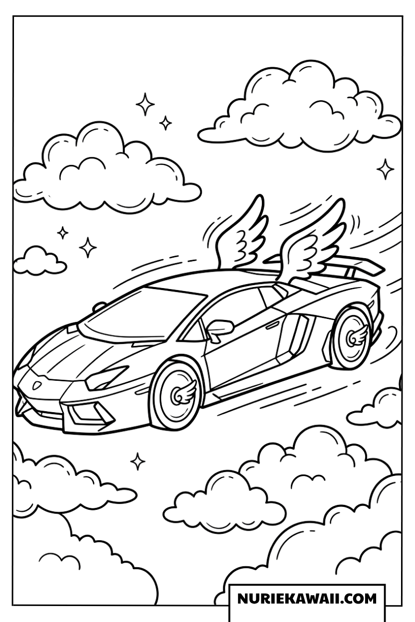 ランボルギーニ 空を飛ぶ 天使の羽と雲のファンタジー 塗り絵