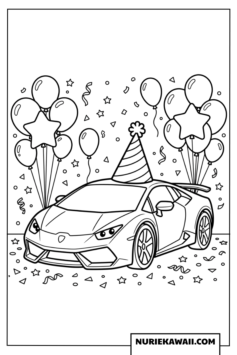 ランボルギーニ 誕生日パーティー 風船と星の楽しい 塗り絵