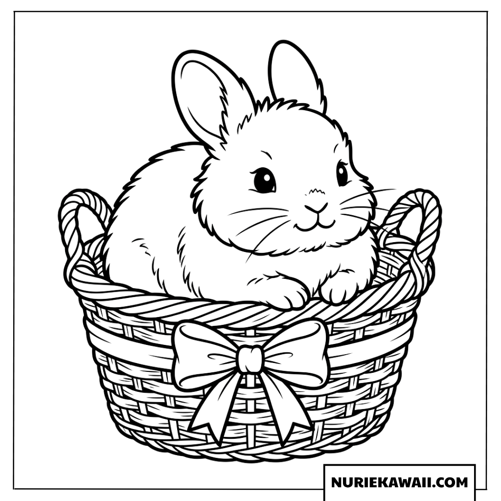 リボン付きの籠に入った可愛い子ウサギの塗り絵