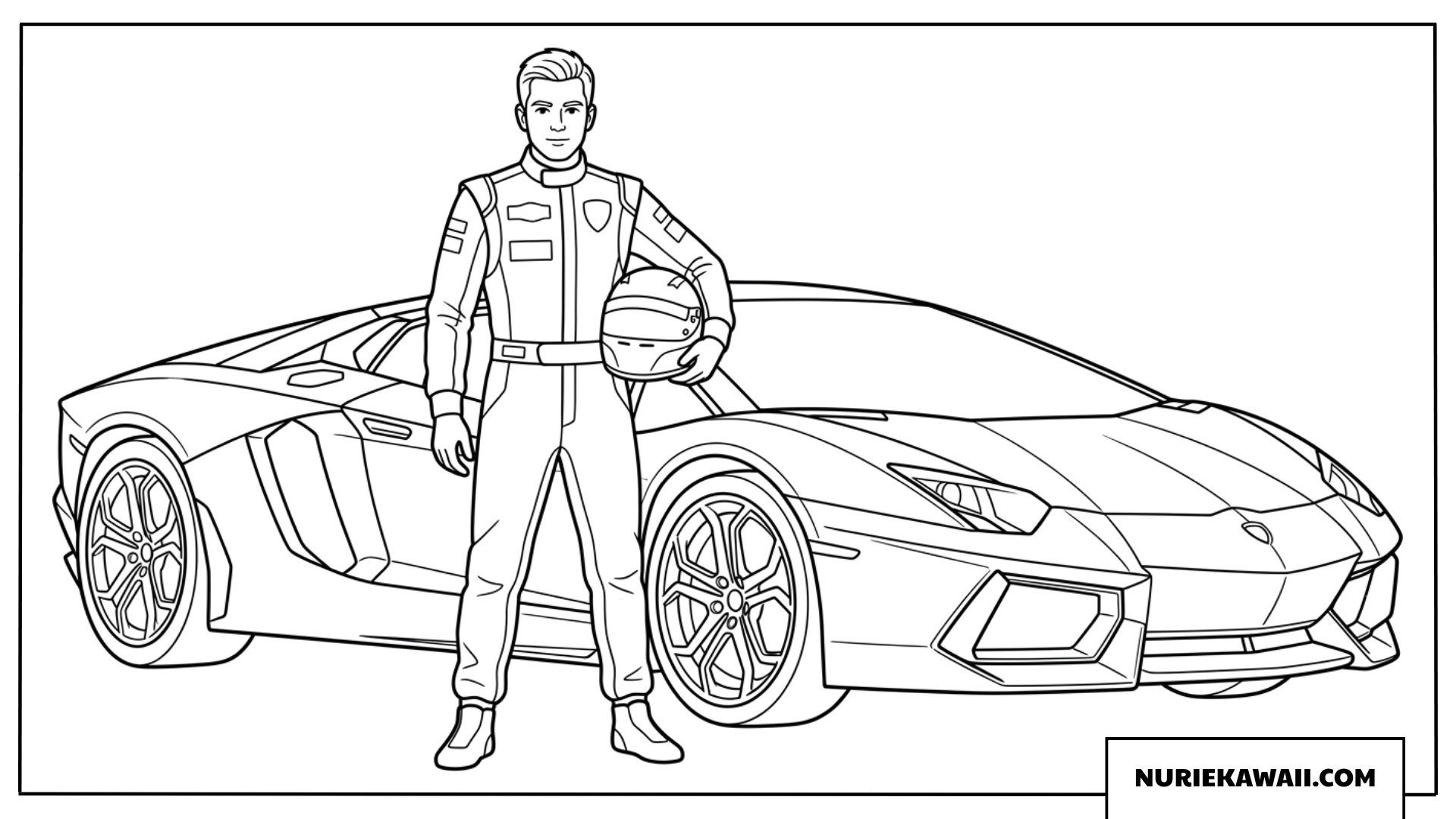 レーシングスーツを着用しランボルギーニの前に立つプロレーサーの塗り絵