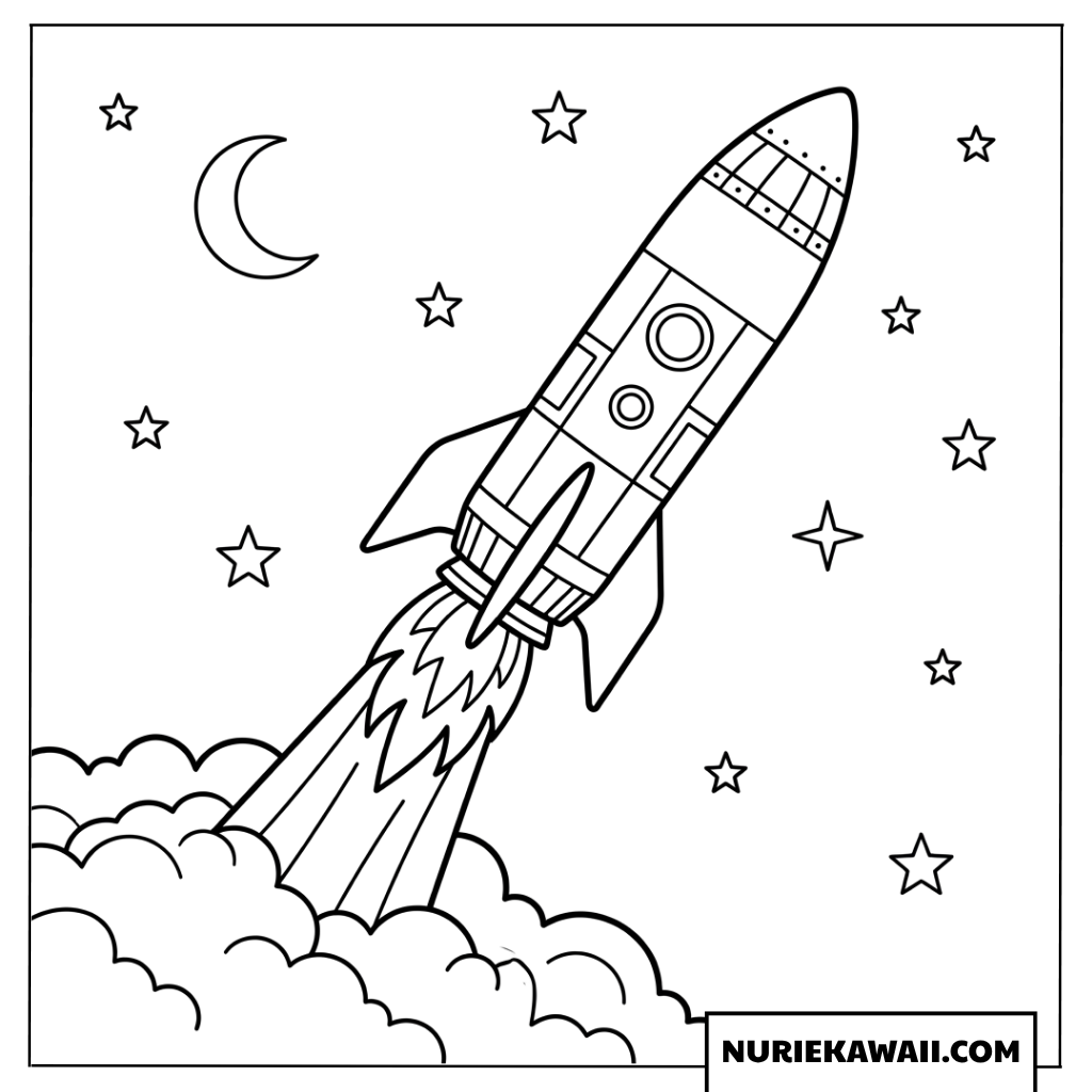 三日月と星が輝く宇宙へ向かって発射するロケットの塗り絵
