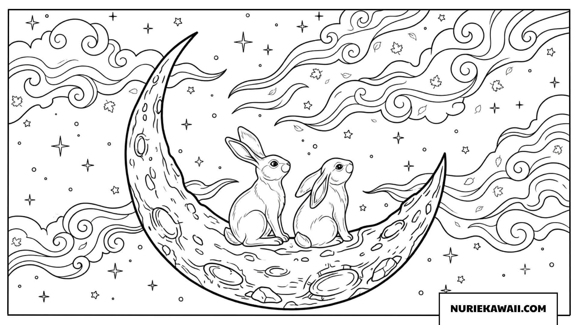 三日月に乗って星空を見上げる二匹のウサギの幻想的な秋の塗り絵