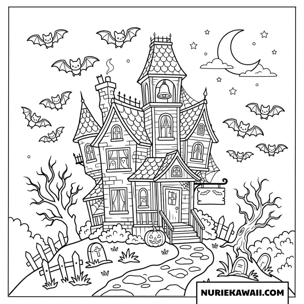 不気味な洋館の周りを飛び回る可愛いコウモリのハロウィン塗り絵