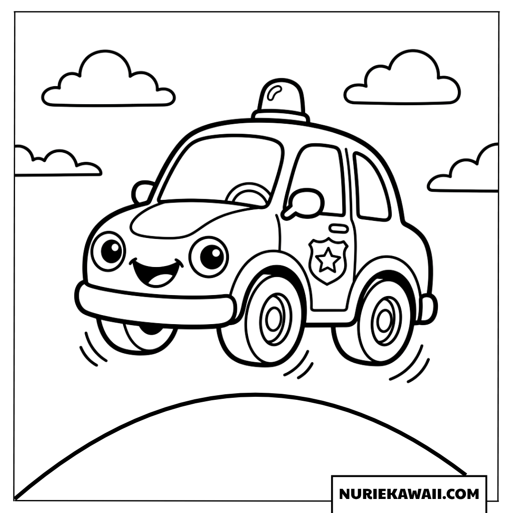 丘を元気に跳ねる笑顔のパトカー塗り絵