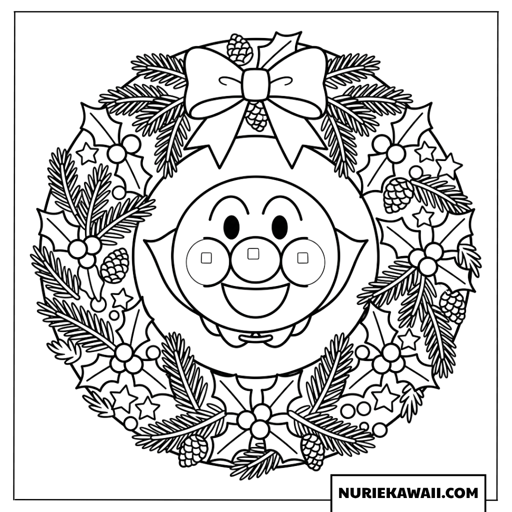 中央にアンパンマンの顔がデザインされたクリスマスリースの塗り絵