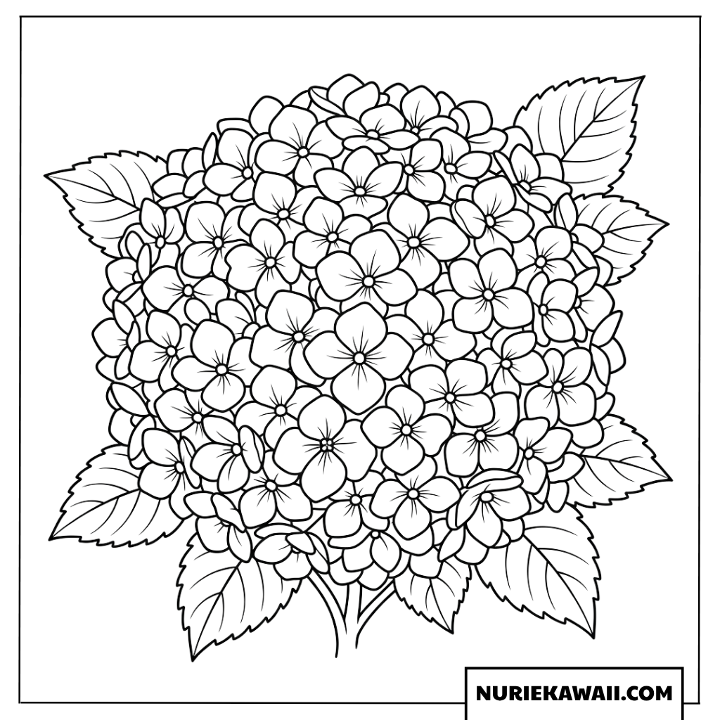 丸くて可愛いこんもりとしたあじさいの花の塗り絵