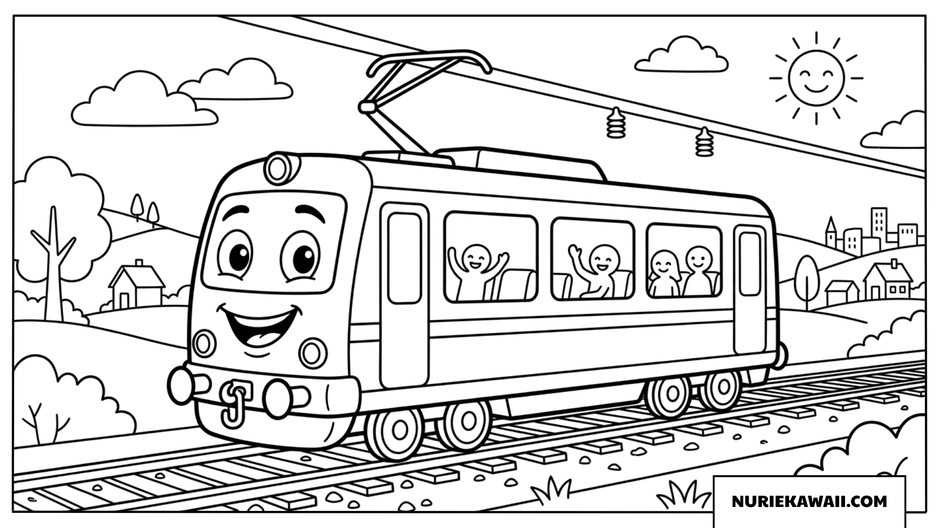 乗客が笑顔で手を振るかわいい電車のシンプルな塗り絵