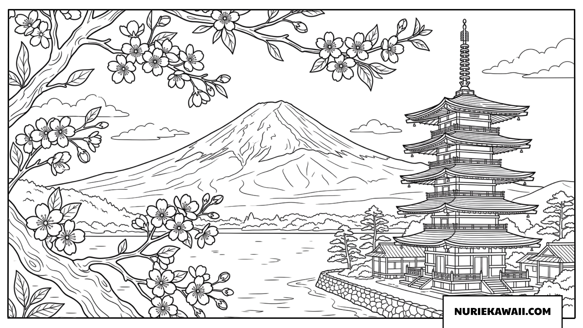 五重塔と満開の桜の枝越しに望む雄大な富士山の風景塗り絵