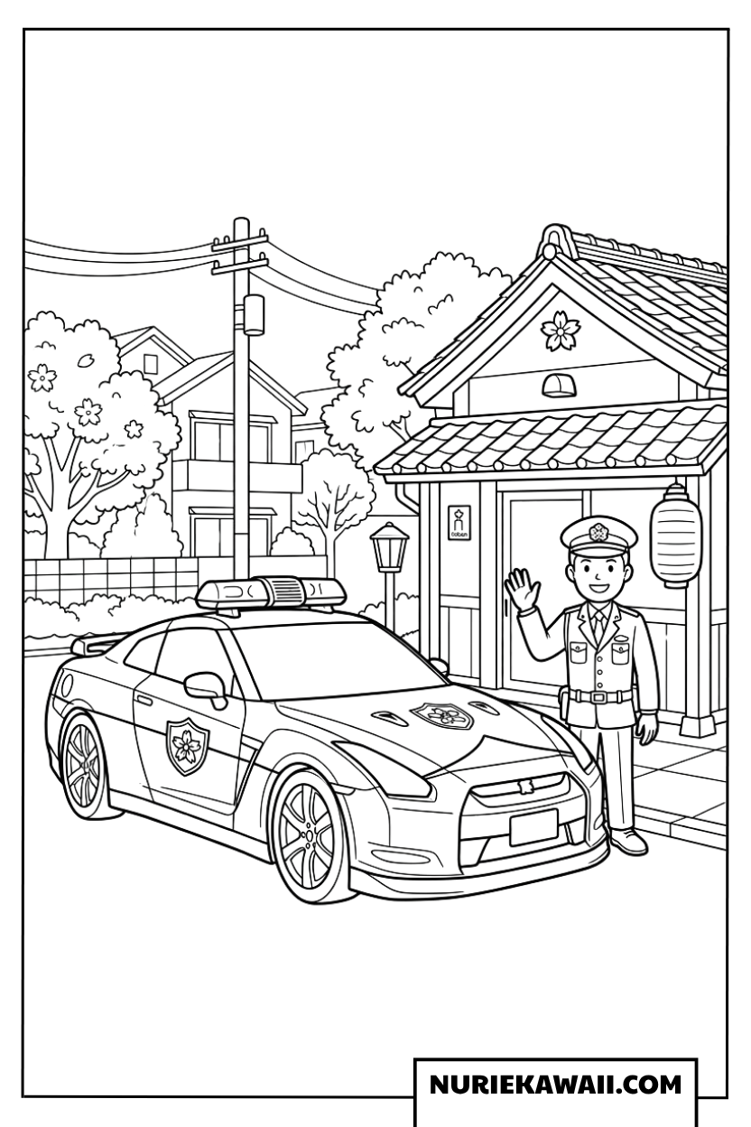 交番の前で笑顔で挨拶する警察官とパトカーの塗り絵