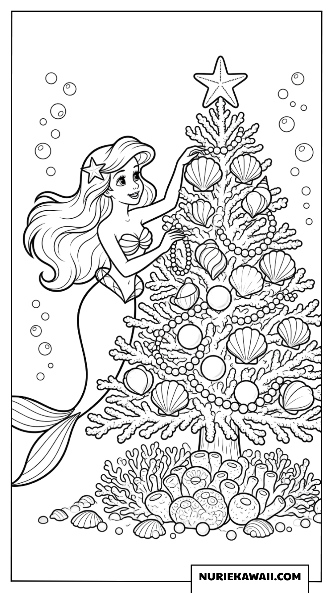 人魚姫アリエルの海のクリスマスツリー飾り付け塗り絵