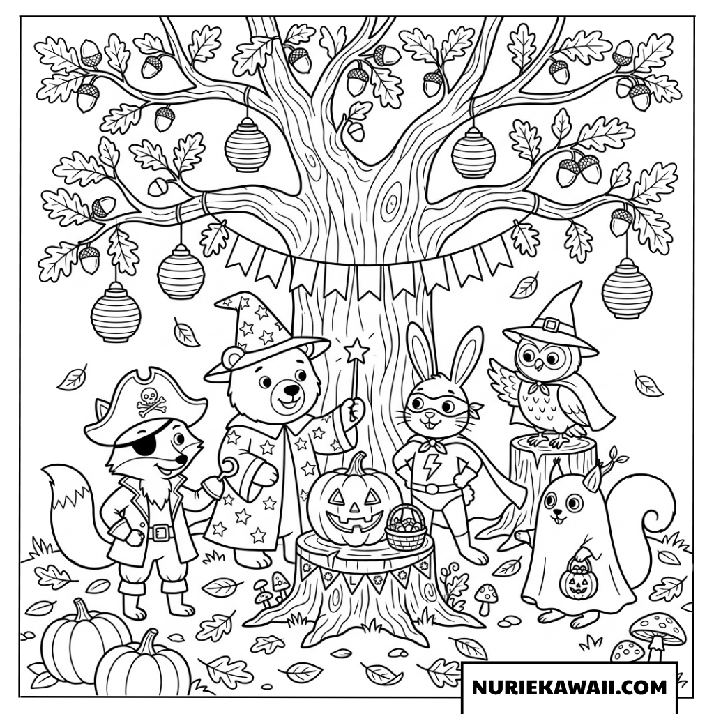 仮装した森の動物たちが集まる賑やかなハロウィンパーティーの塗り絵