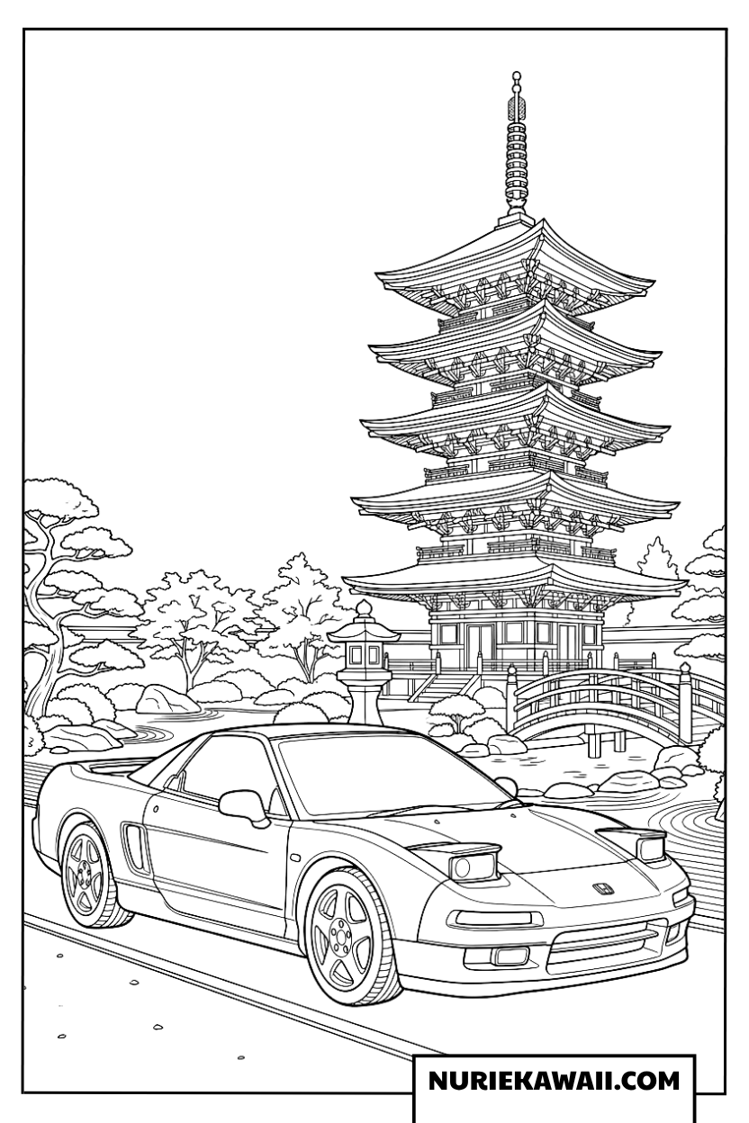 伝統的な五重塔とホンダNSXのスポーツカー塗り絵