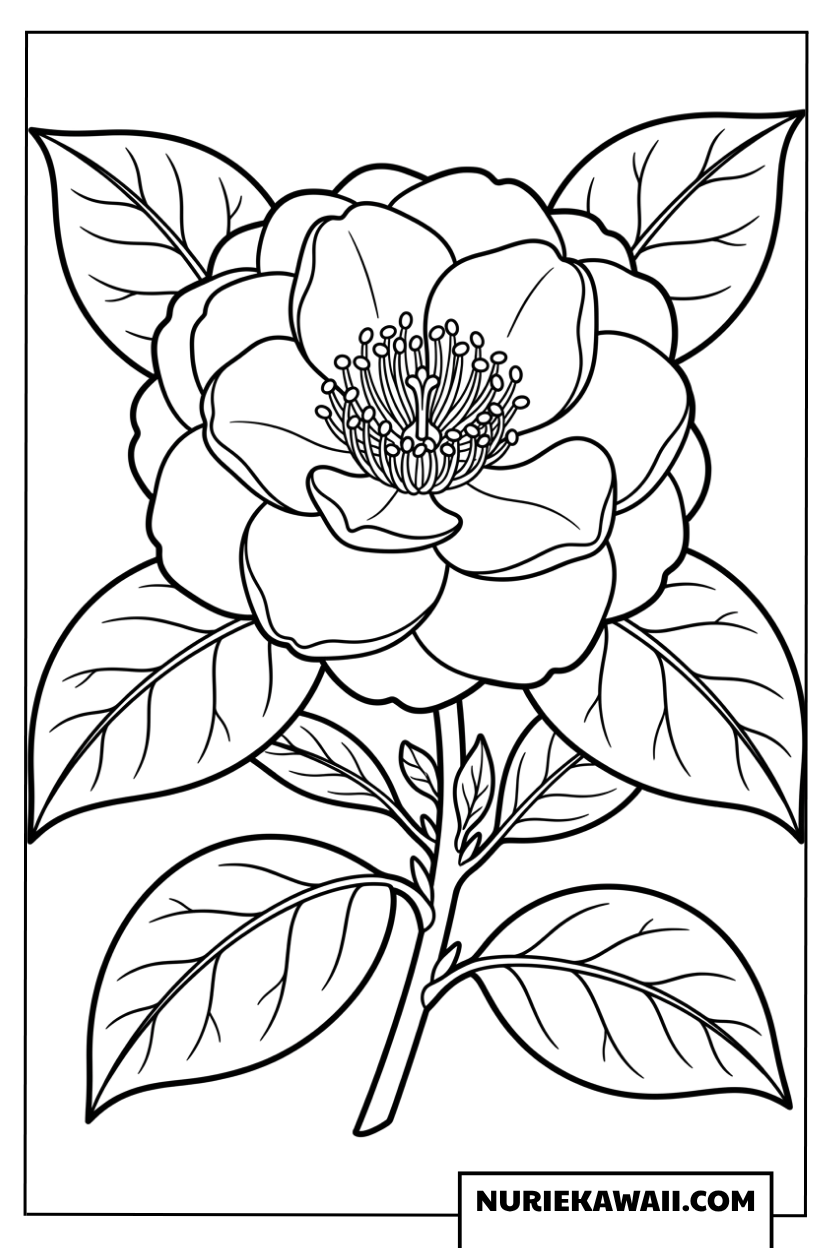 優雅に咲く冬のツバキの花のシンプルな塗り絵