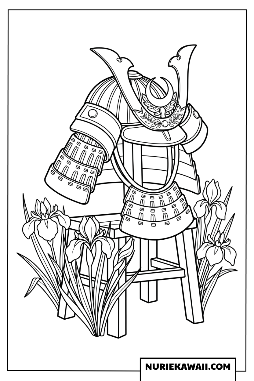 兜と菖蒲の花の塗り絵