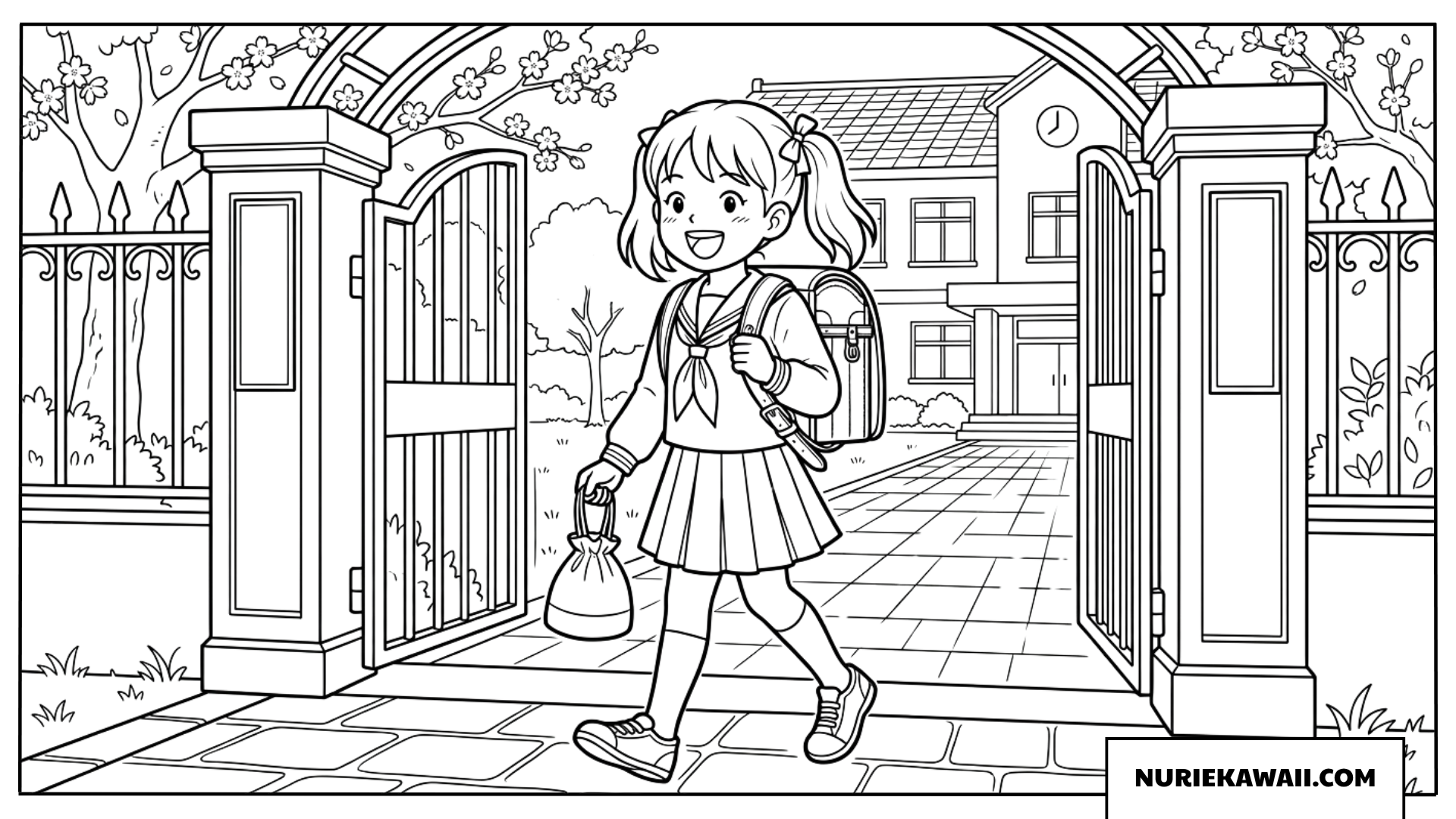 入学式の小学生とランドセルの塗り絵