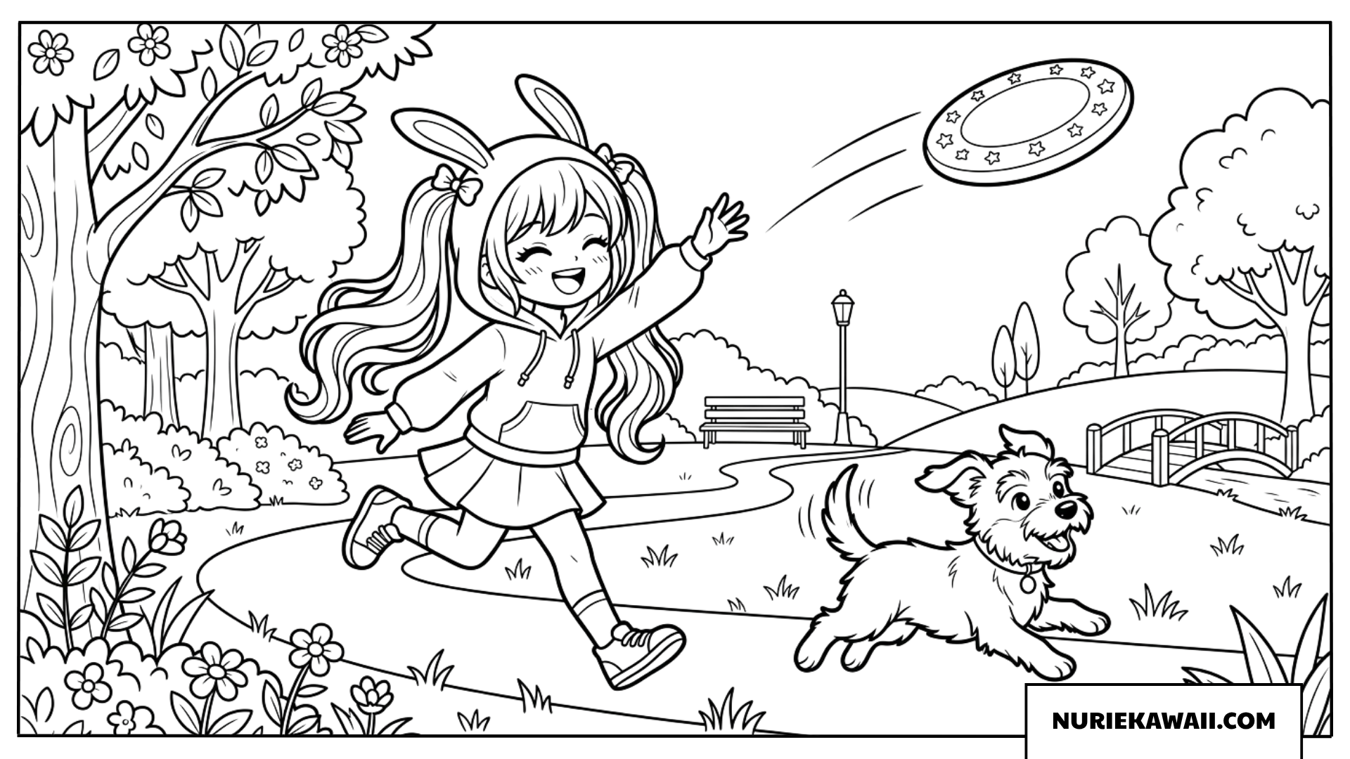 公園で犬とフリスビーで遊ぶ可愛い女の子の塗り絵
