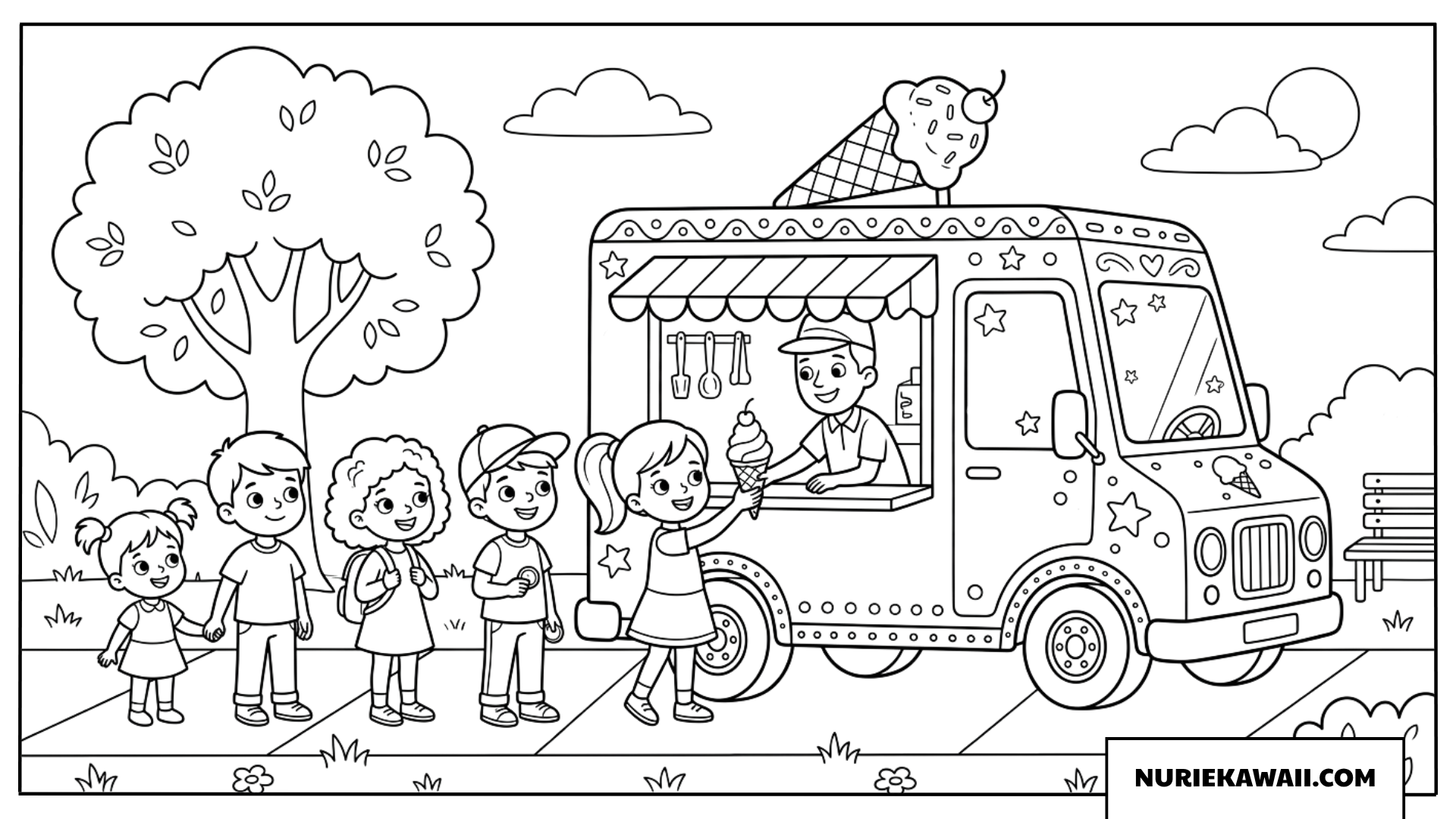 公園のアイスクリームトラックに並ぶ子どもたちの塗り絵