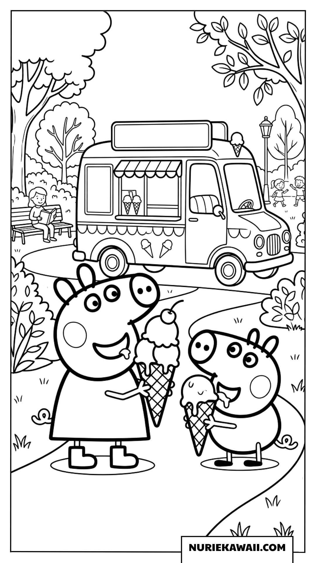 公園のアイスクリーム車の前で冷たいアイスを食べるペッパとジョージの塗り絵