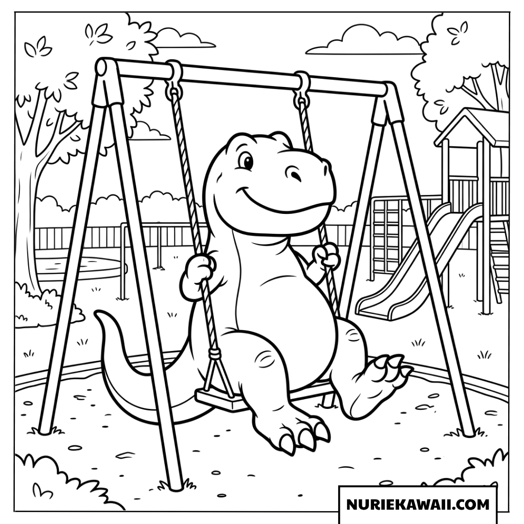 公園のブランコに乗って笑顔で遊ぶ可愛いティラノサウルスの塗り絵