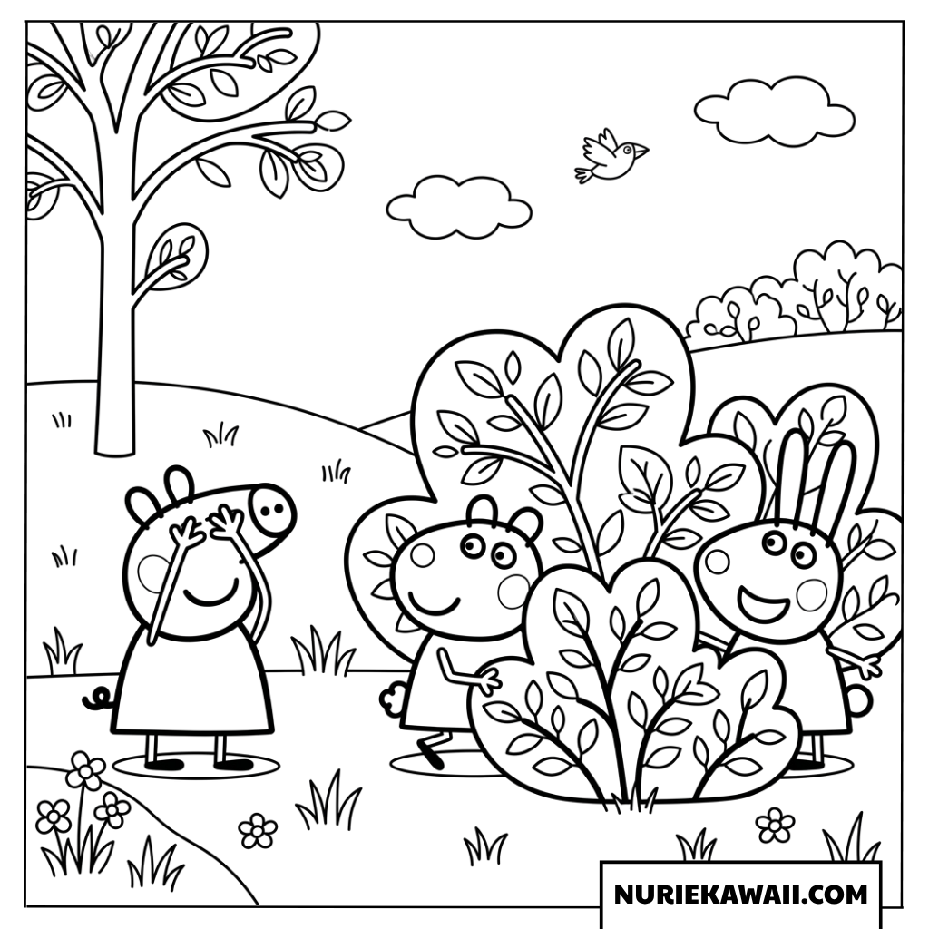 公園の大きな草むらで仲良くかくれんぼをするペッパピッグの楽しい塗り絵