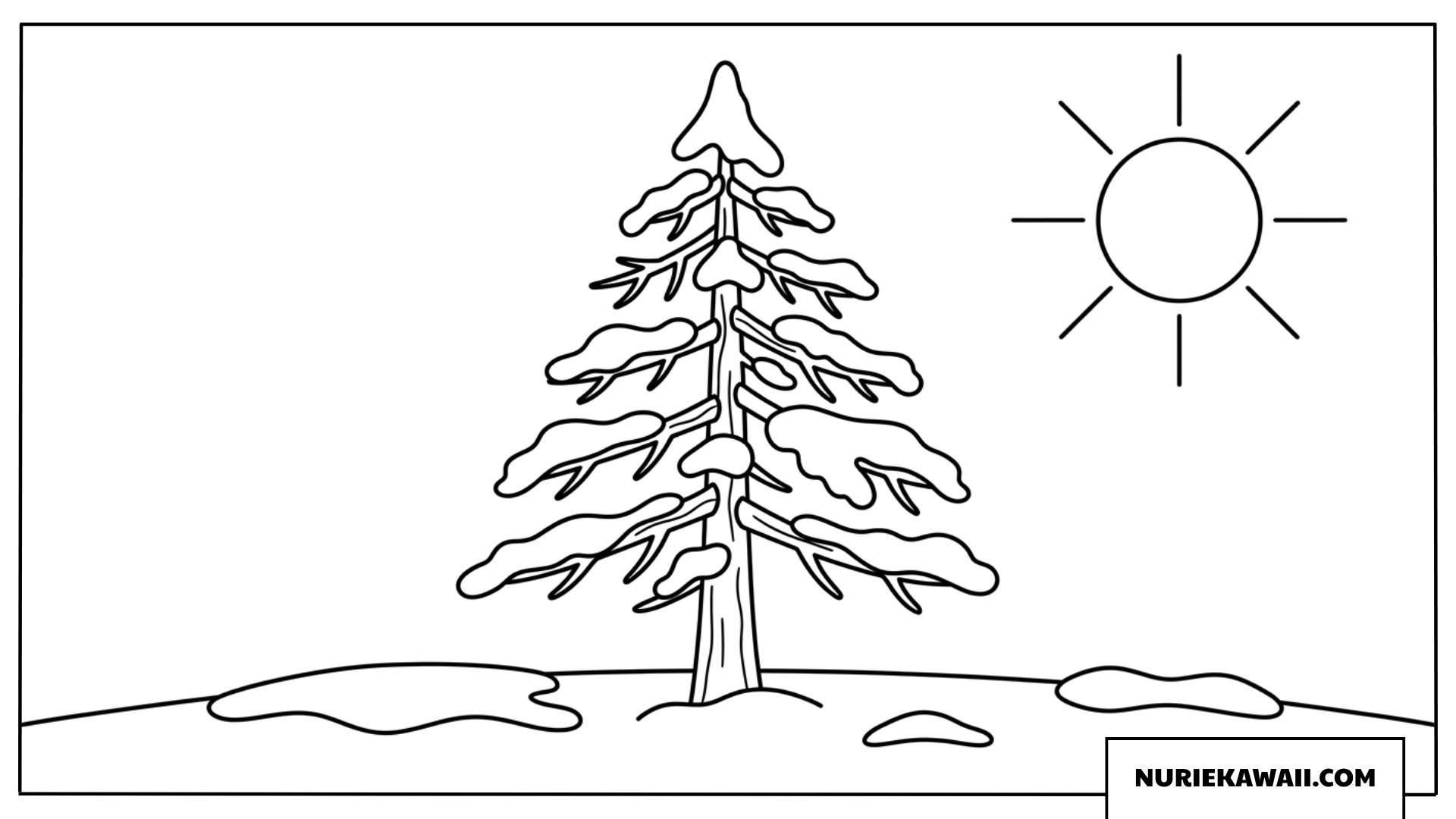 冬の太陽と雪が積もった一本の松の木を描いたシンプルな風景塗り絵