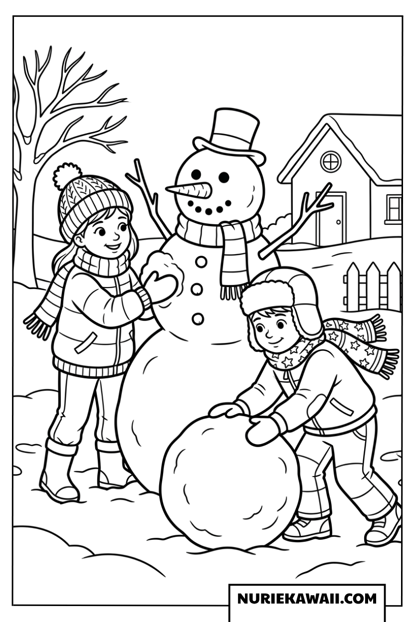 冬の庭で仲良く大きな雪だるまを作る男の子と女の子の塗り絵