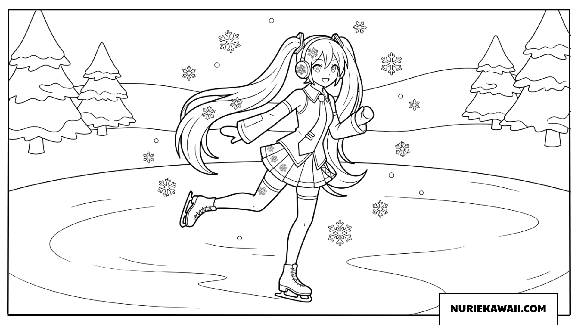 冬の氷上でスケートを楽しむ初音ミクの塗り絵