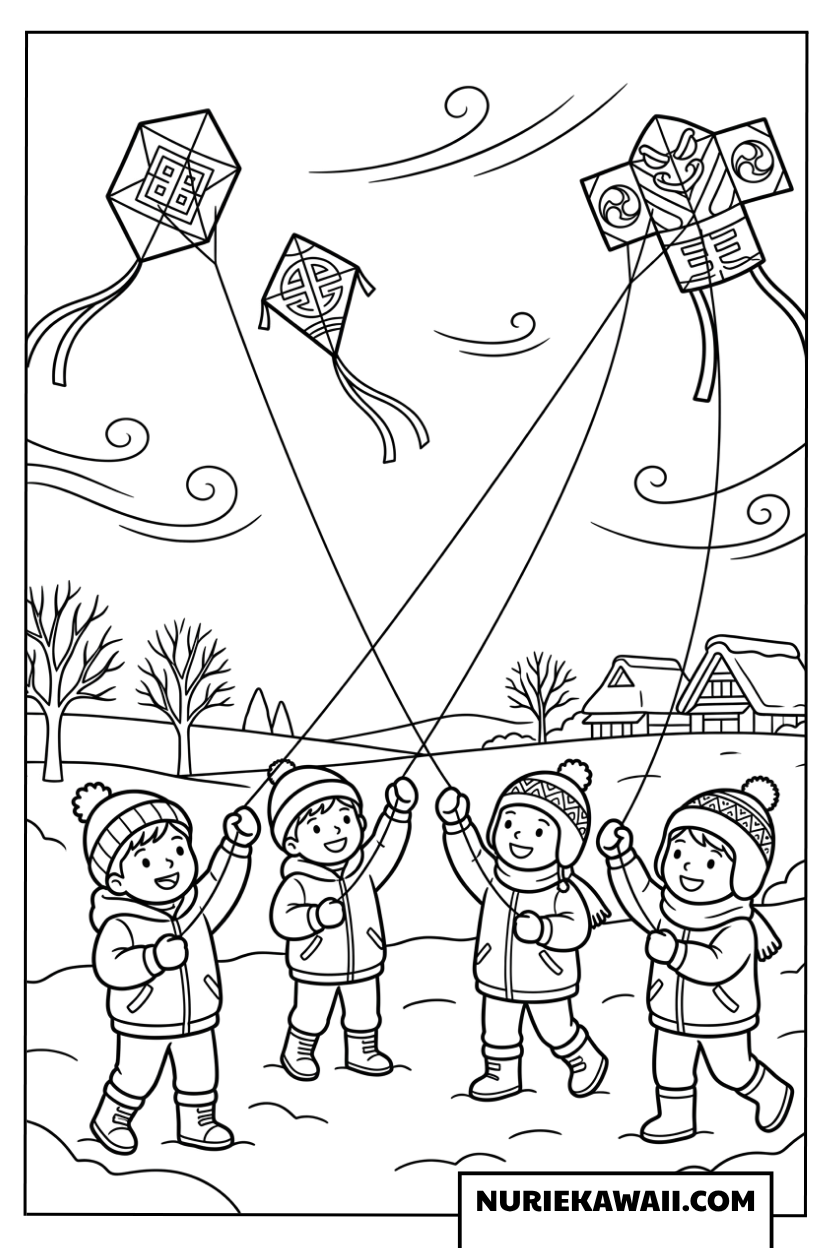 冬の雪原で日本の伝統的な凧揚げを楽しむ子どもたちの風景塗り絵
