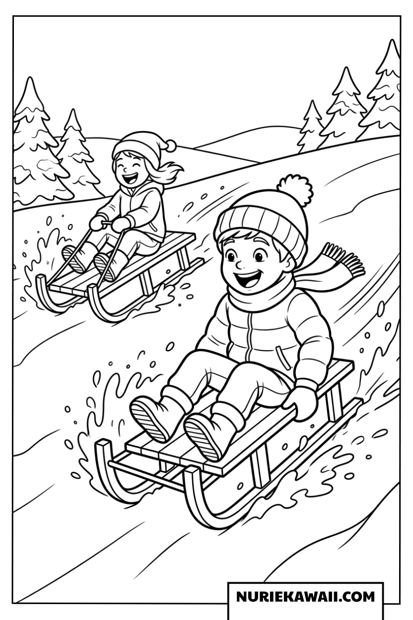 冬の雪山で楽しそうに木製そり滑りをする子どもたちの塗り絵