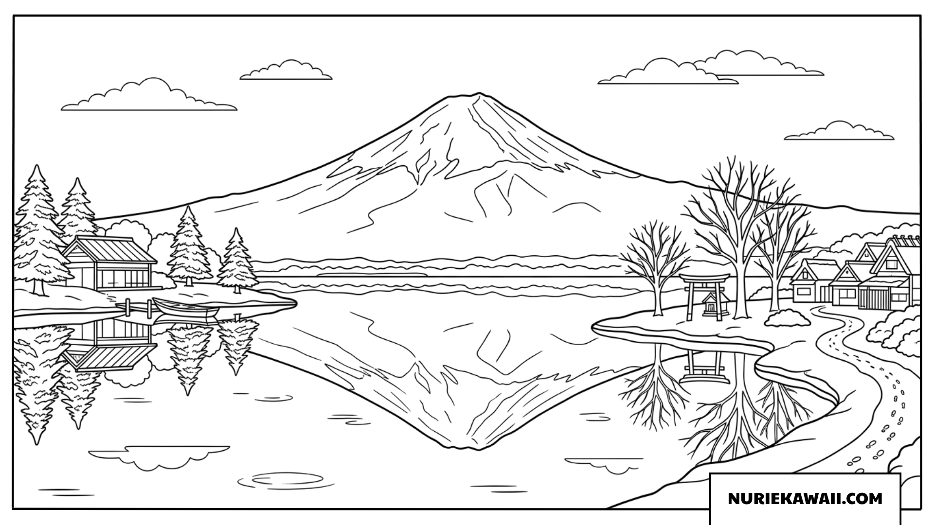 冬の静かな河口湖に逆さ富士が映る美しい風景の塗り絵