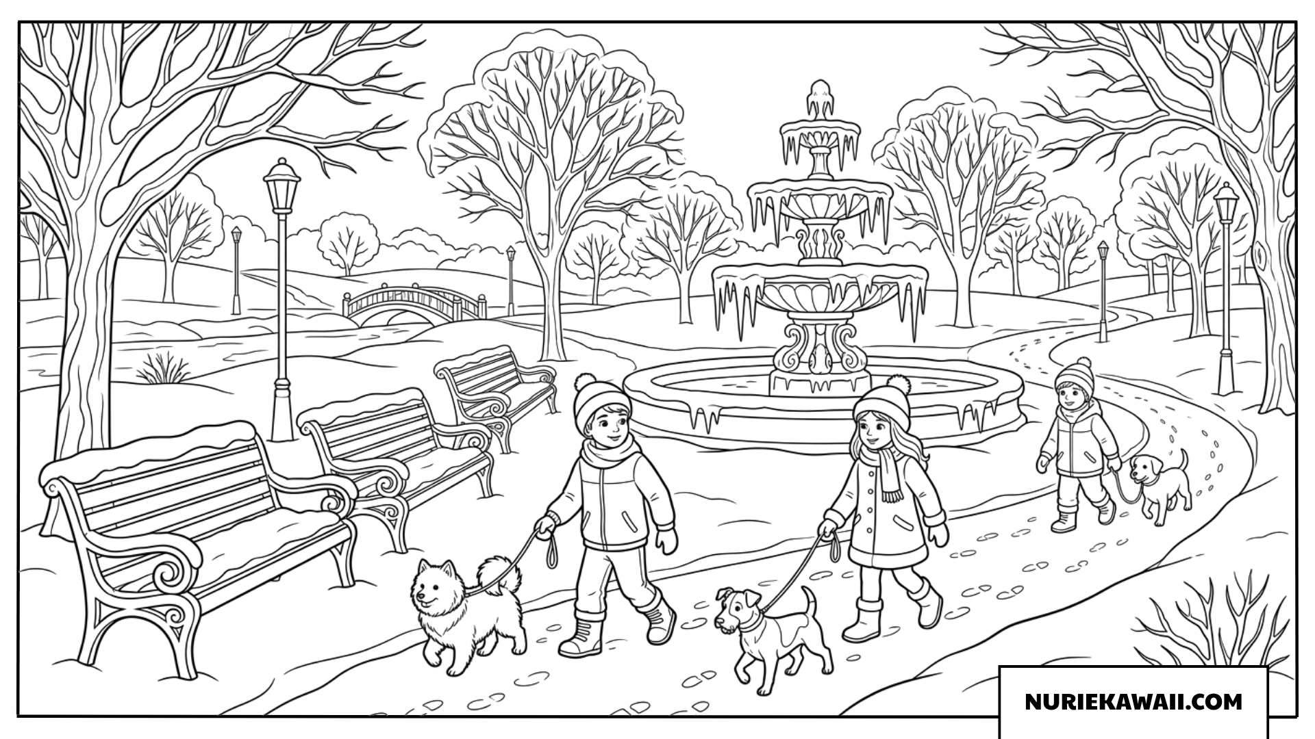 冬의公園で犬の散歩を楽しむ子供たちの塗り絵