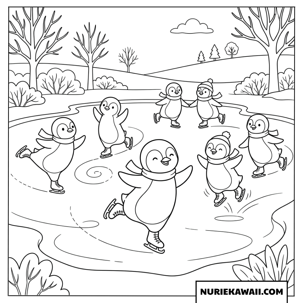 凍った池で楽しくスケートをして踊るペンギンの塗り絵