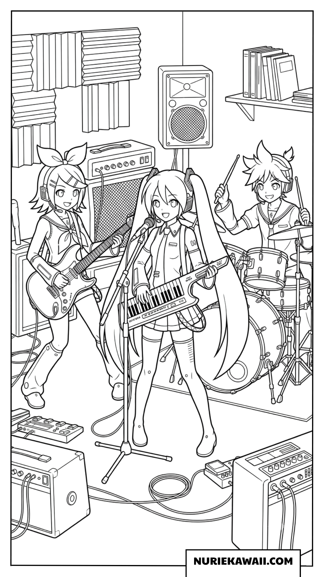 初音ミクと鏡音リン・レンのバンド演奏の塗り絵