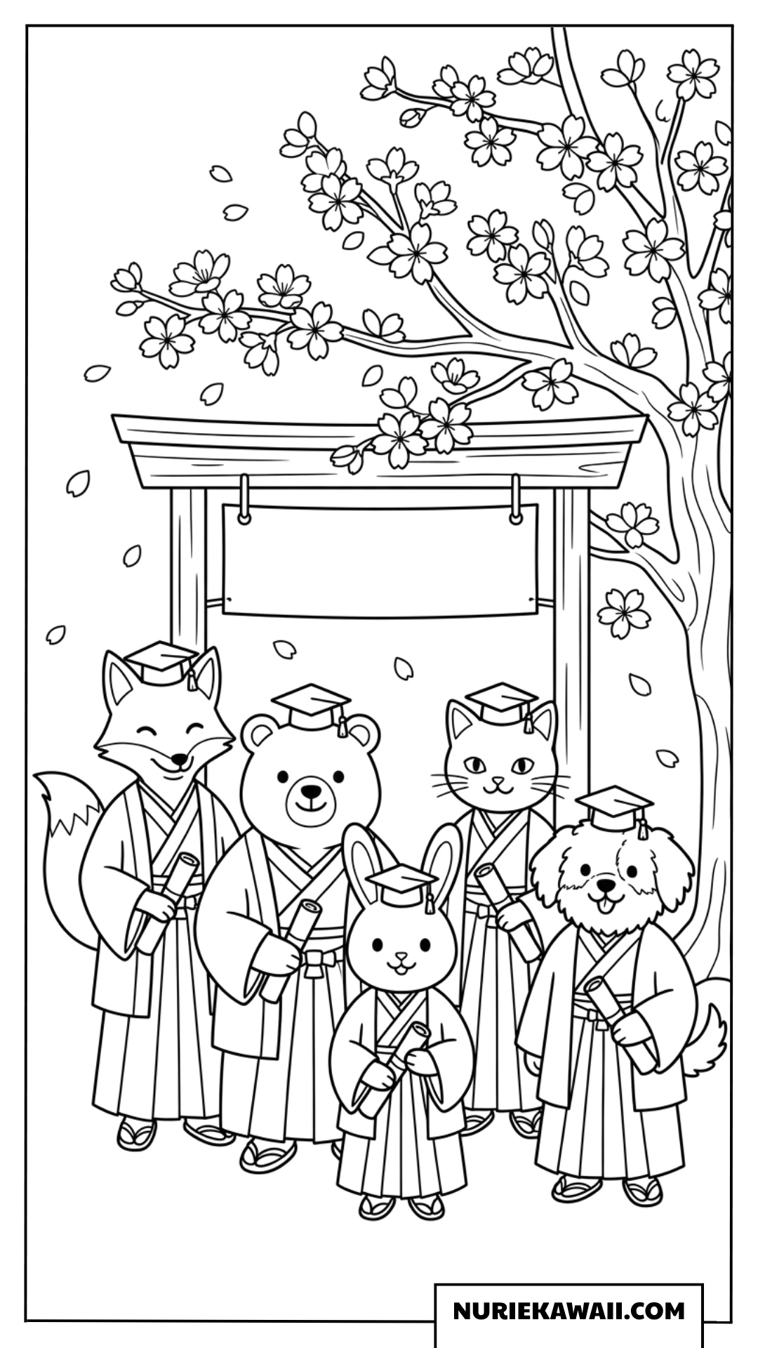 卒業式の着物を着た動物の友達の塗り絵