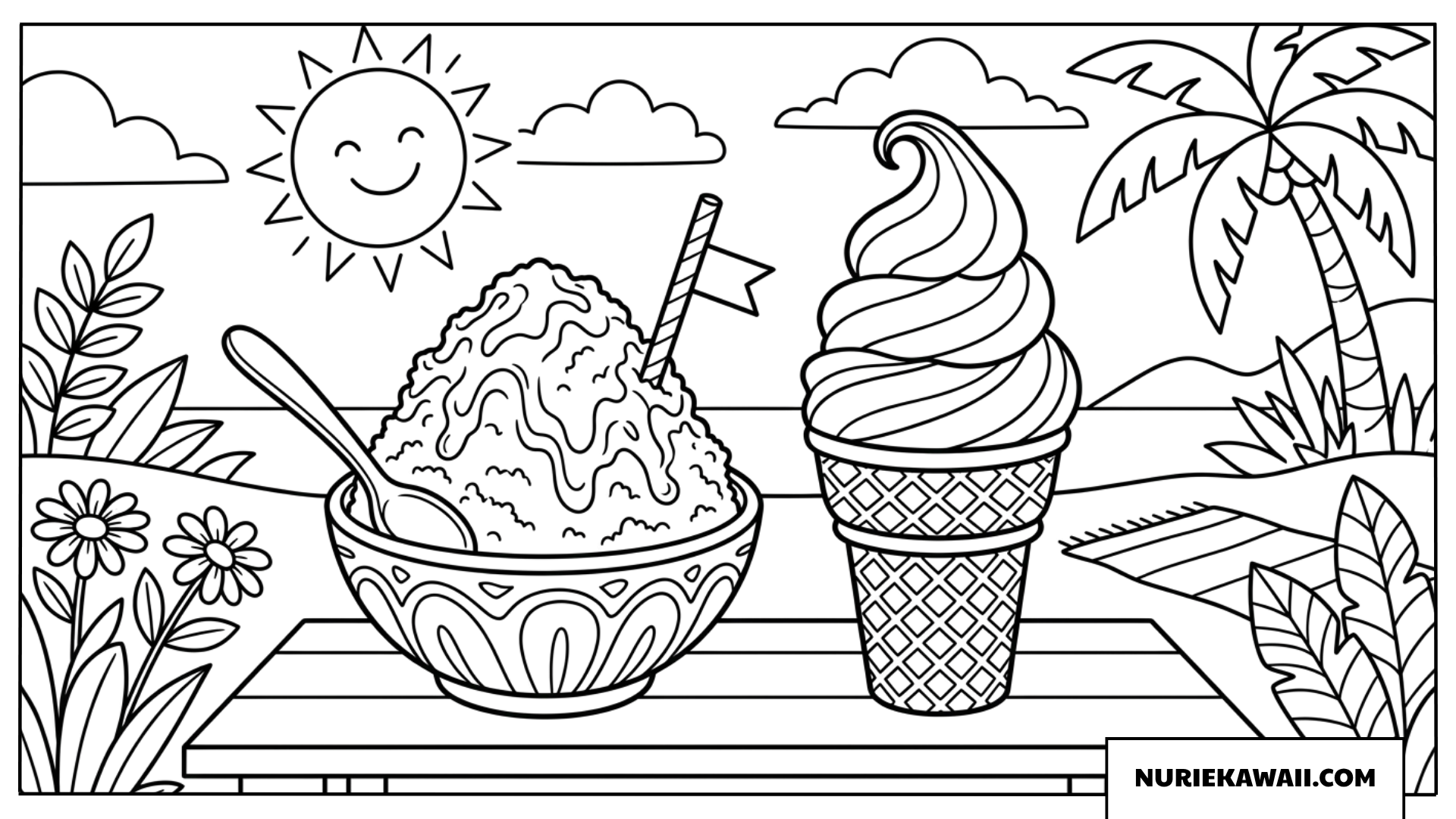 南国の海辺に並ぶかき氷とソフトクリームの夏塗り絵