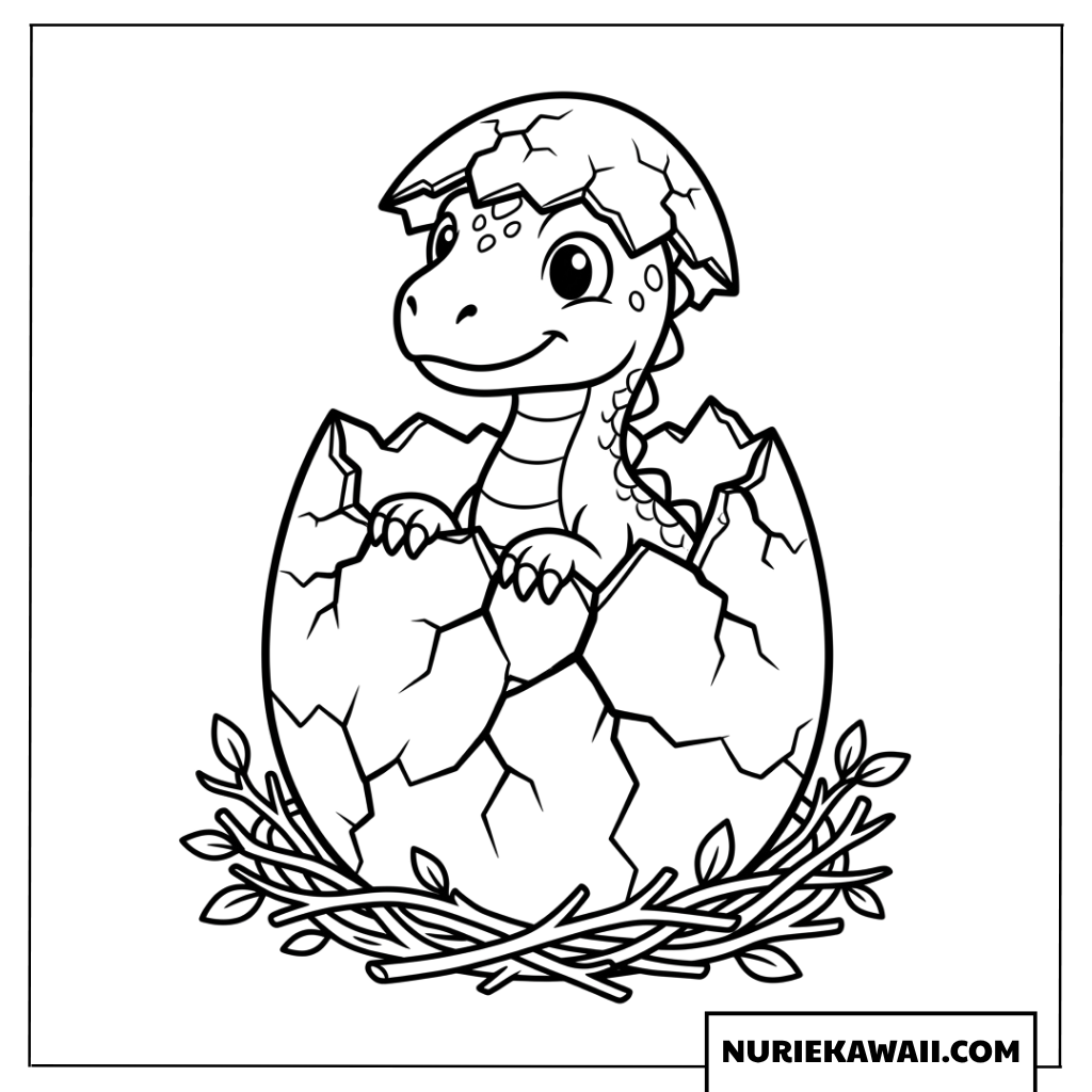 卵の殻からひょっこり顔を出した可愛い赤ちゃん恐竜の塗り絵