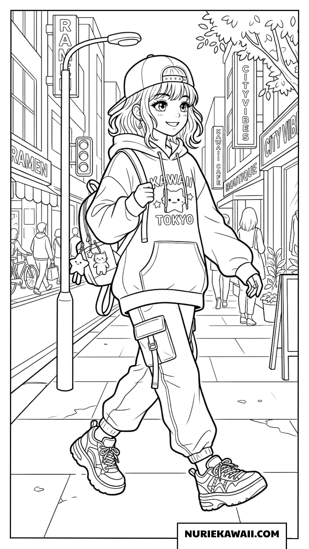 原宿の街を歩くパーカー姿の可愛い女の子の塗り絵