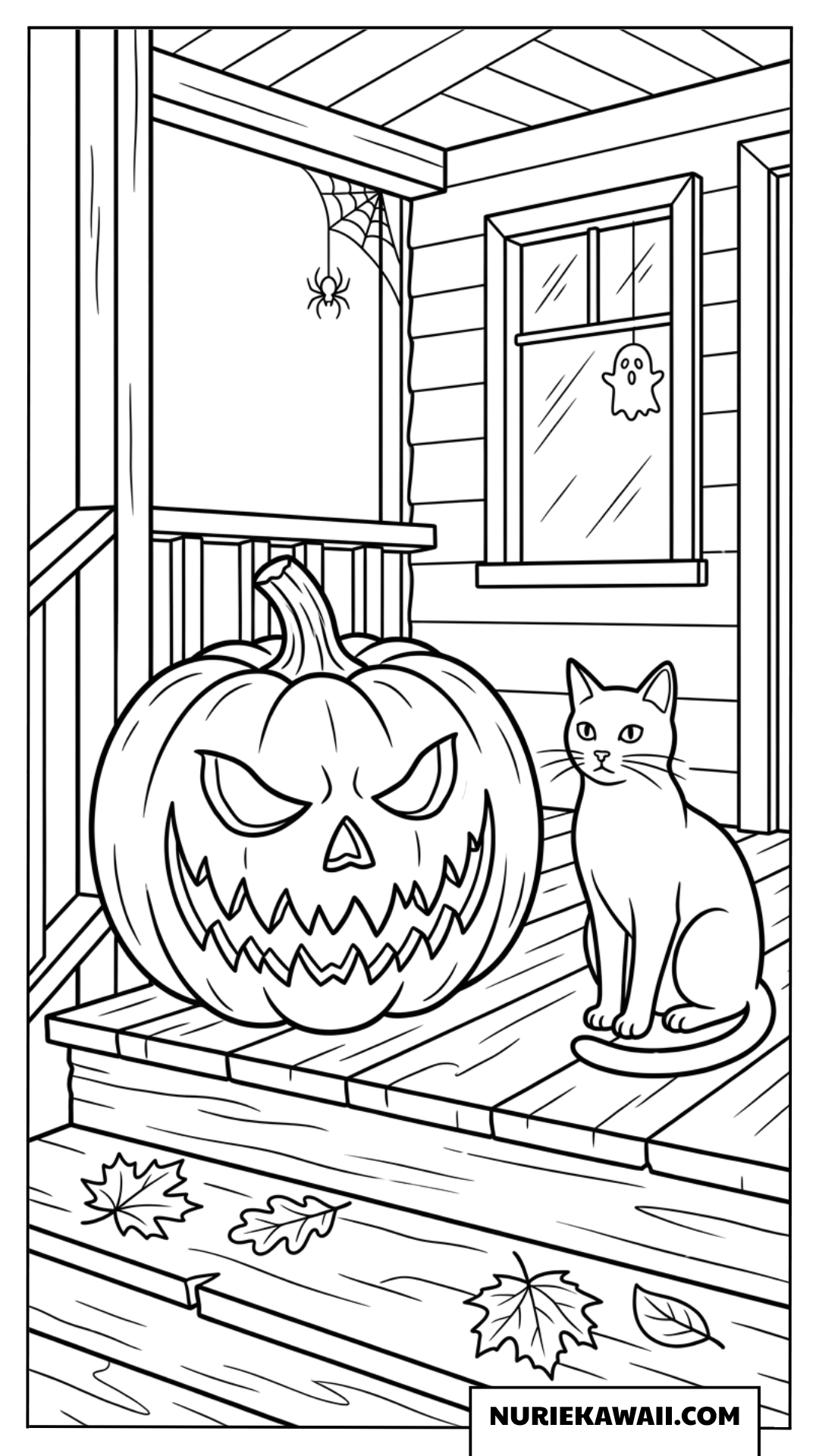古い家の縁側にあるジャックオランタンと黒猫の塗り絵