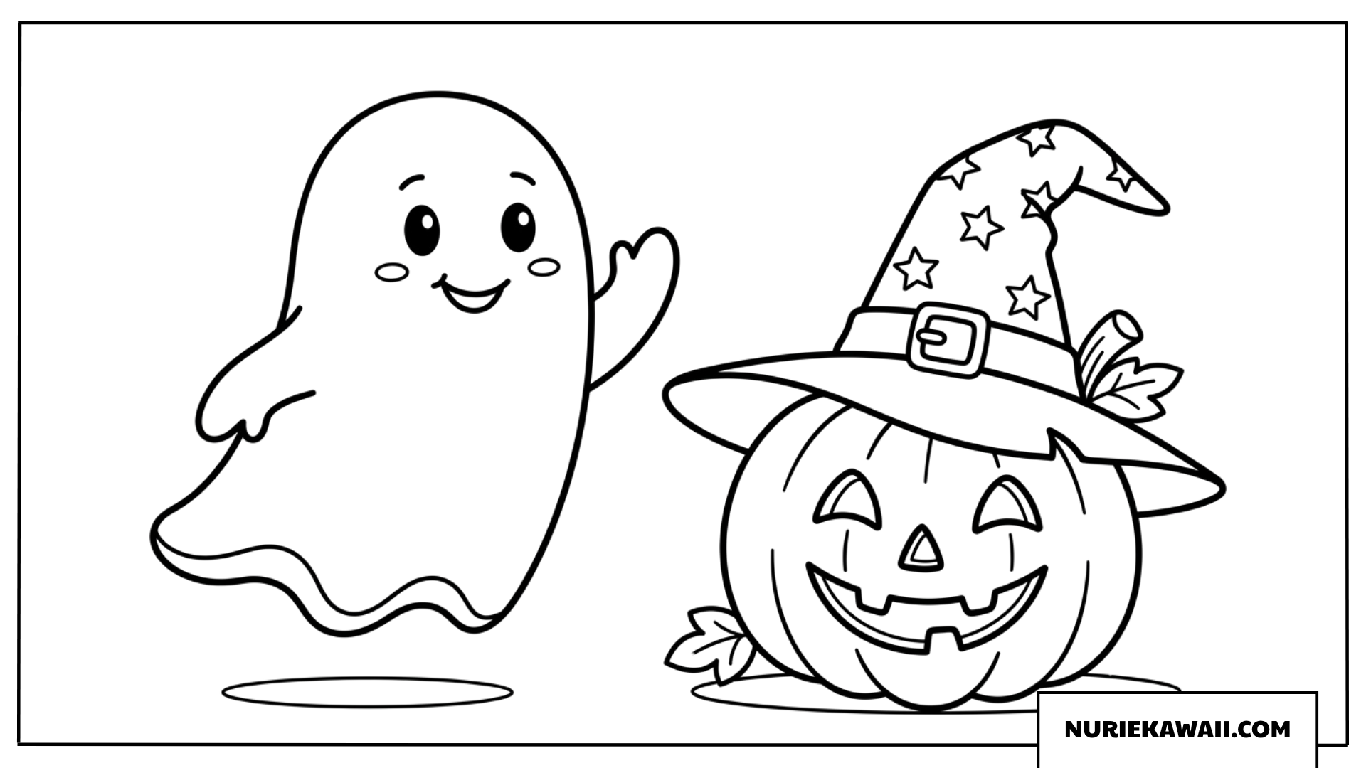 可愛いお化けと魔女の帽子をかぶったかぼちゃの塗り絵