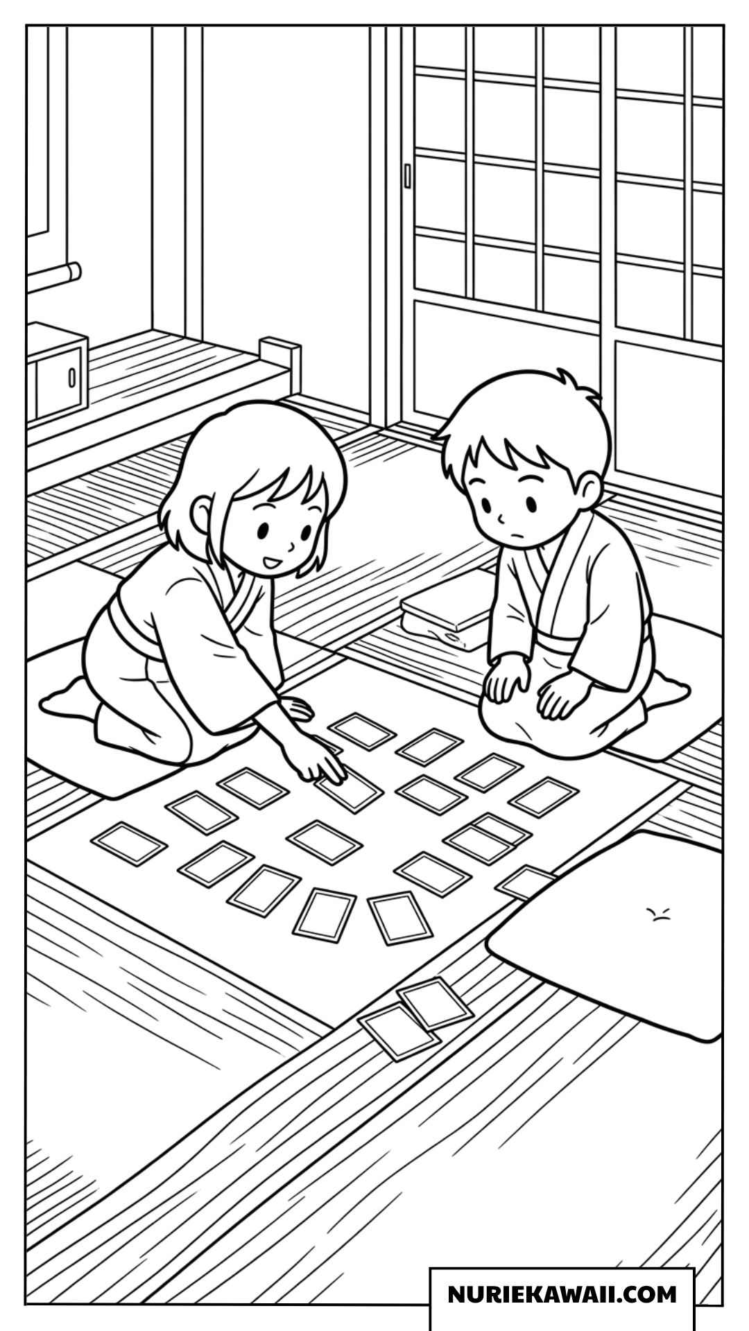 和室できょうだい仲良くかるた遊びをする冬の塗り絵