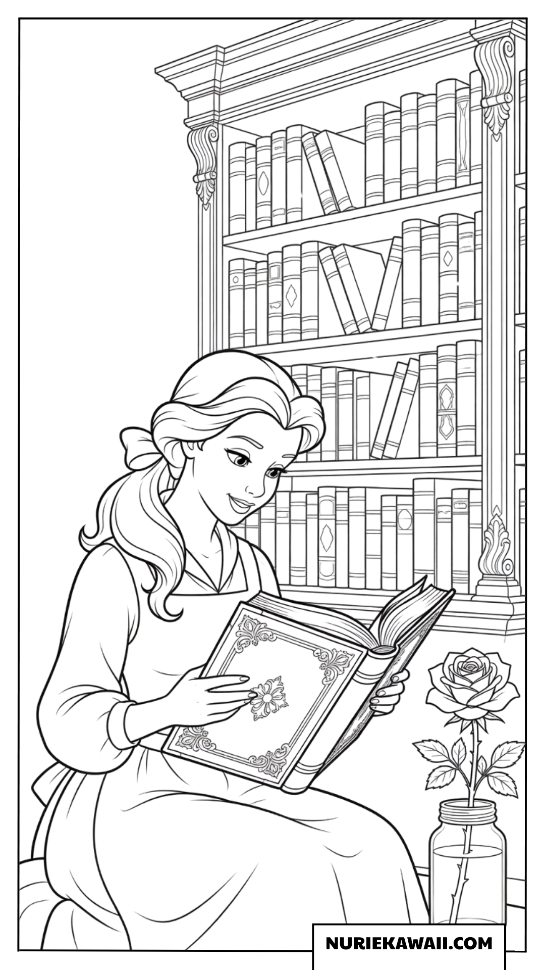 図書館で本を読むベルと一輪のバラの塗り絵