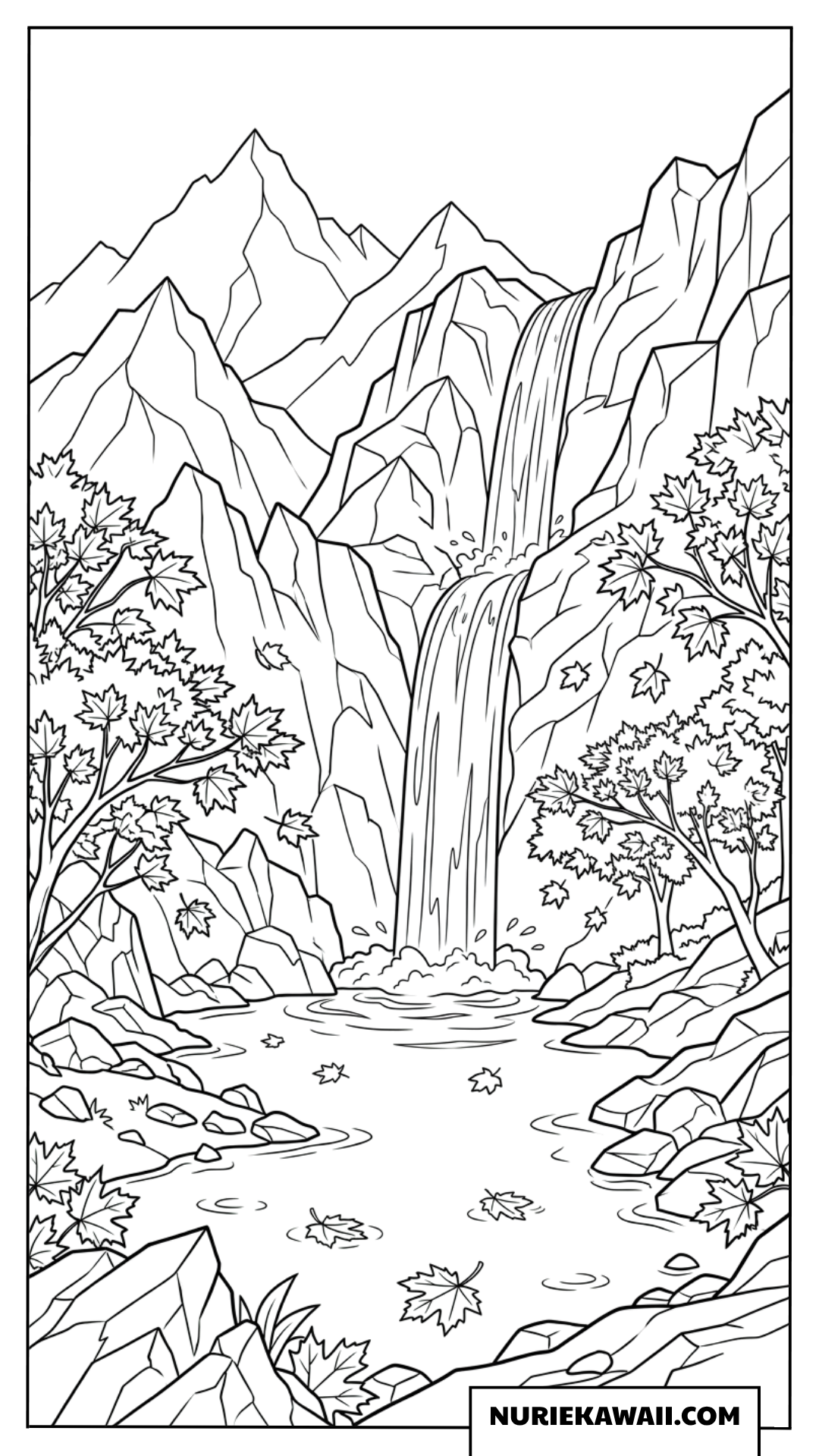 壮大な滝と紅葉の山々が織りなす秋の塗り絵