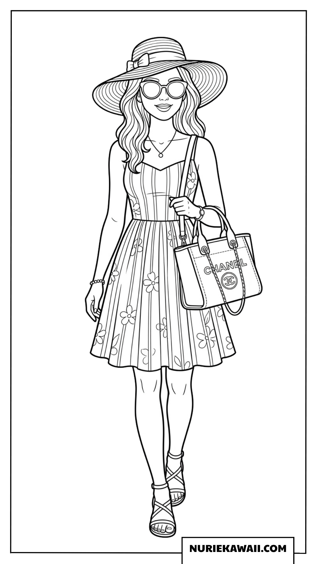 夏のドレスとブランドバッグを持つおしゃれな女の子の塗り絵