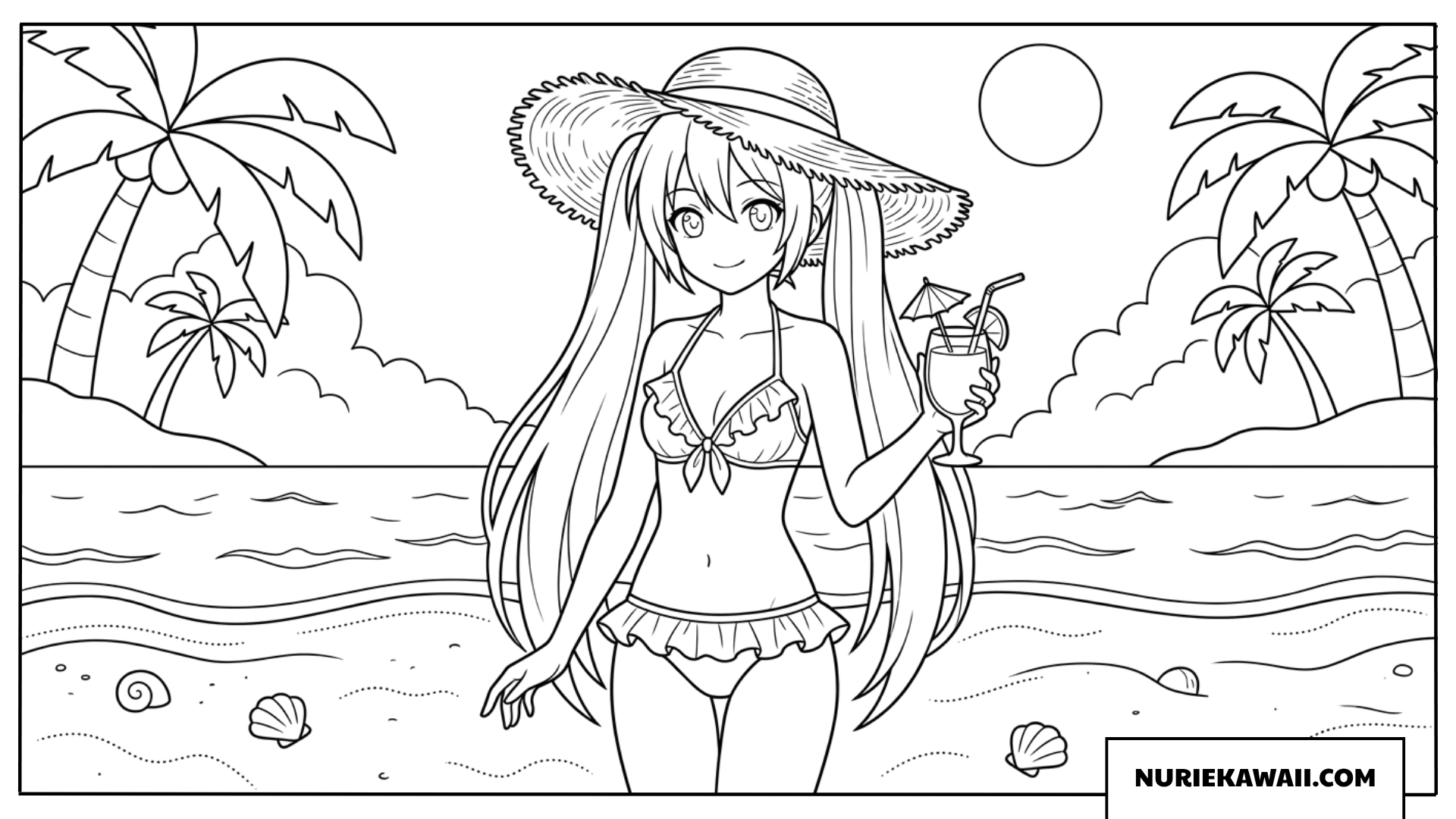 夏の海辺で過ごす初音ミクの塗り絵